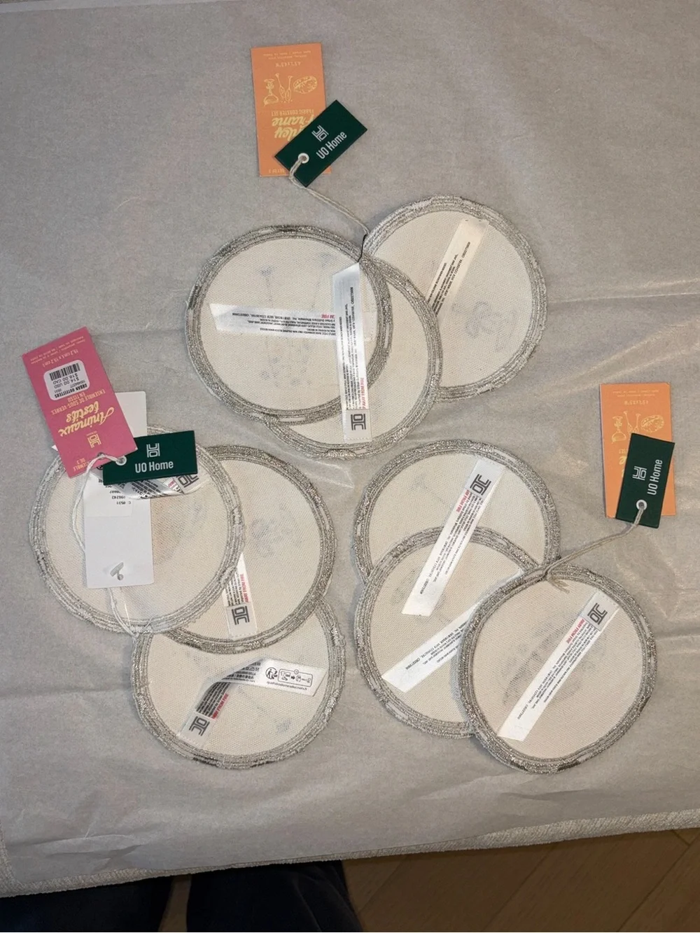 Urban Outfitters Coaster Set of 9 Embroidered Fabric Coaster White Party NEW NWT